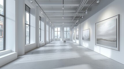 Obraz premium A 3D illustration of a contemporary art gallery with white walls, high ceilings, and spotlight fixtures, showcasing empty display areas for artwork.