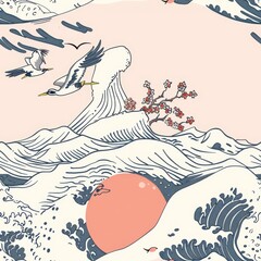Obraz premium Minimalistic Japanese Wave Drawing with Traditional Cultural Elements, Featuring Bold Lines and Limited Color Palette. Incorporates Cherry Blossoms and Cranes Symbolizing Japanese Heritage.