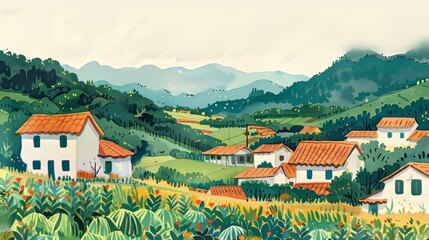Watercolor Painting Serene Village Mountain
