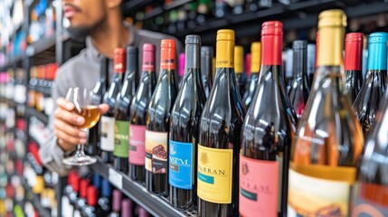 Professional sommelier bartender surrounded by variety of alcohol bottles in wine shop