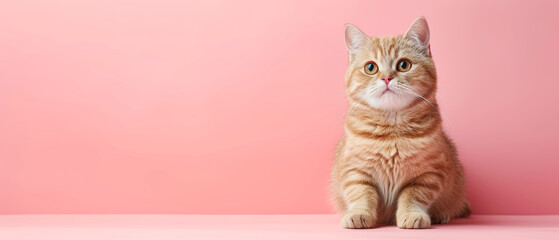 Adorable young cat sitting on the pink pastel floor, with white and orange fur, cute eyes, and a playful expression