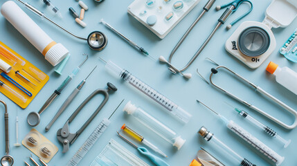 From a bird's eye view, we observe a set of medical accessories on a table, creating a background perfect for use in the healthcare industry.