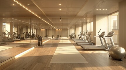 An empty, modern fitness studio with mirrored walls, wooden flooring, and sleek exercise equipment, illustrated in a detailed 3D style.