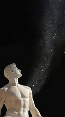 Fototapeta premium A statue of a man standing stoically in front of a sky filled with stars