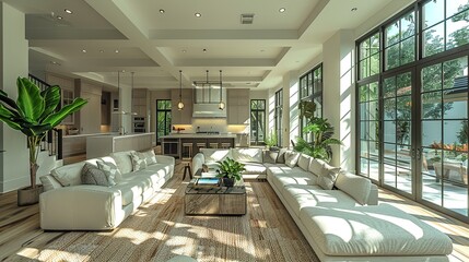 A spacious, 3D-rendered modern living area with an open floor plan, stylish furniture, and large windows that flood the room with natural light.