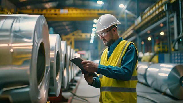 Factory employees check the quality of galvanized sheets in the factory during the production process. Wear safety gear and use a digital tablet.