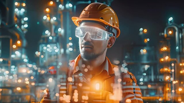 Industry 4.0 of refinery oil and gas refining process, double exposure of engineer working, industrial energy system concept