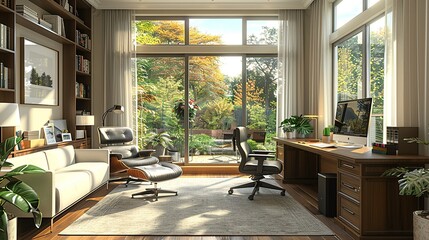 A spacious, modern home office with a large desk, ergonomic chair, and stylish decor, depicted in a detailed 3D illustration.