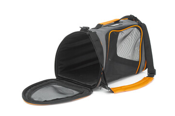 Empty opened carrier pet bag isolated on white background