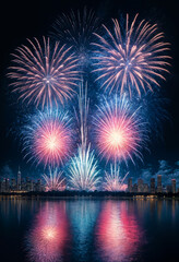 Fototapeta premium fireworks over the city skyline with water reflection