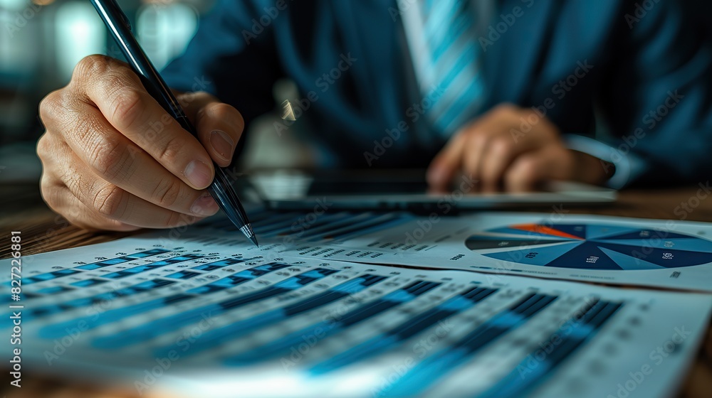 Aufkleber coworkers in a business partnership write cost work progress and use a tablet to analyze graph compa