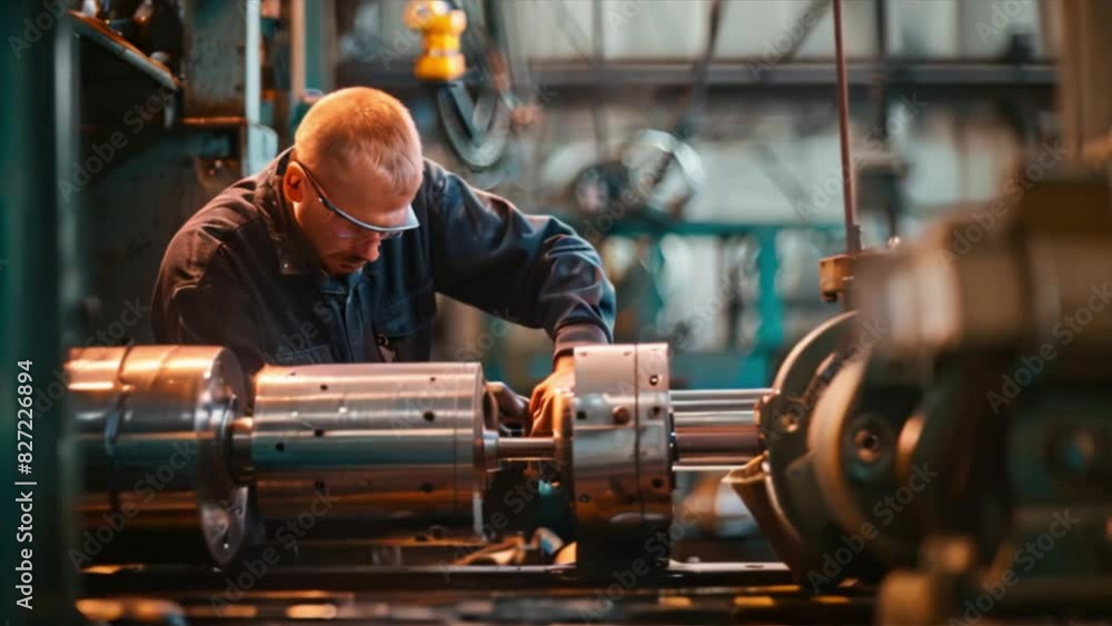 Poster a factory worker is using a factory lathe