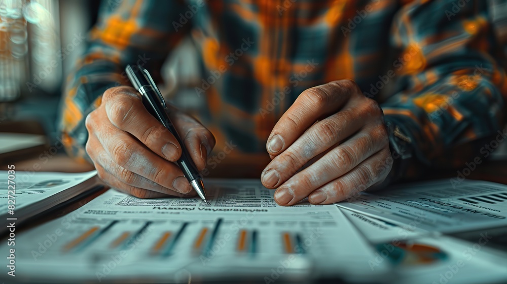 Poster close up of a person signing a contract businessman working on documents on the desk data analysis o
