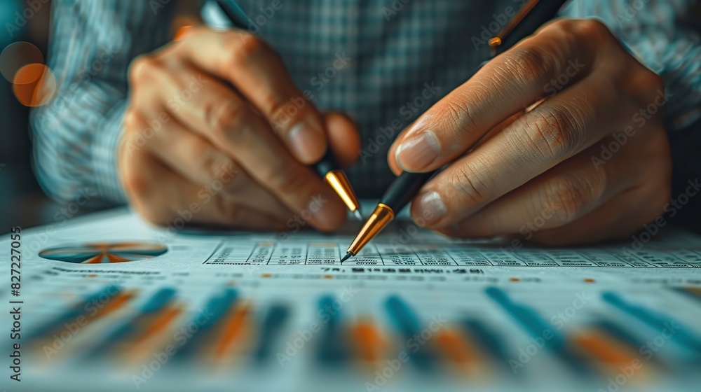 Poster close up of a person signing a contract businessman working on documents on the desk data analysis o