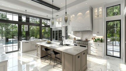 A spacious, modern kitchen with state-of-the-art appliances, a large island, and sleek cabinetry, illustrated in high-resolution 3D.