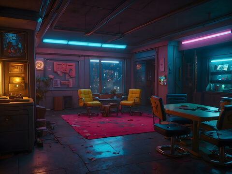 2.5D interior cyberpunk 2077 apartment at night with many shops and weapons, video game style, health, and ammo pickup boxes, in the style of colorful figures, repetition design.