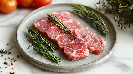 Raw pork schnitzel with rosemary and thyme