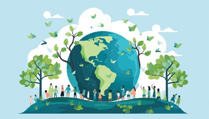 Ecology concept. People standing around the world. Flat vector illustration.