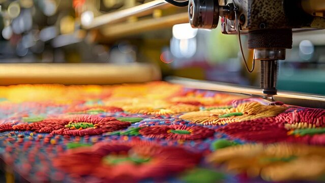 
Close-up view of fabric embroidered on a machine in an embroidery and printing factory