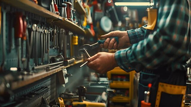 Close-up of repairman picking up tools from shelves at repair shop.