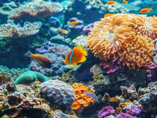 Tropical fish swimming among colorful coral reefs, highlighting the diverse and vibrant underwater marine ecosystem.