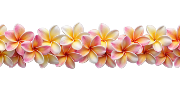 Seamless Garland of Pink Frangipani Flowers, isolated on white transparent background, png element. Plumeria seamless long border
