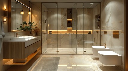 A modern, minimalist bathroom with a glass shower, sleek fixtures, and a clean design, depicted in a high-resolution 3D illustration.