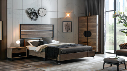 Warm bedroom interior with textured bedding and soft lighting,Elegant and comfortable home & hotel bedroom interior,3d rendering luxury modern bedroom suite in hotel
