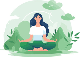Woman meditating in the lotus position on the nature background. Vector illustration