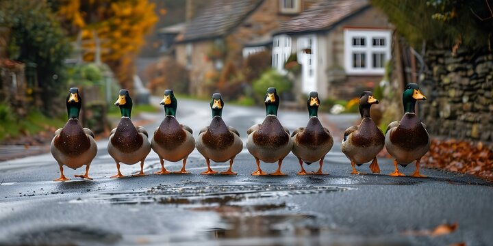 Ducks parading in a line down a quaint village road. Concept Ducks, Parade, Quaint Village, Road, Playful