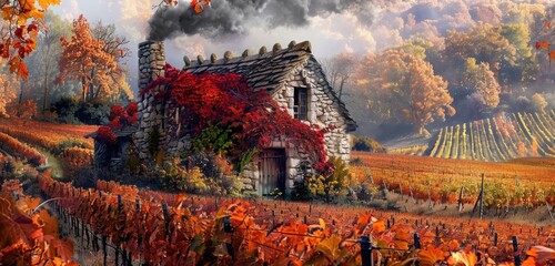  A rustic stone cottage with a thatched roof, nestled amidst a vineyard draped in colorful autumn...