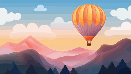Hot air balloon flying over the mountains. Vector illustration in cartoon style.