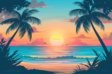 Obraz premium Flat design beach with palm trees and waves, highlighting a relaxing atmosphere focus on, leisure time, vibrant, Double exposure, sunset backdrop