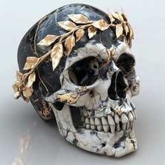 A black and white skull adorned with intricate gold leaves