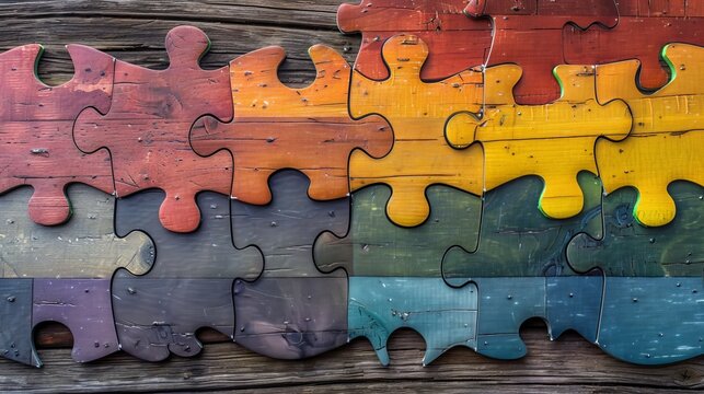 Vibrant rainbow jigsaw puzzle frame encircling creepy white abstract colorful artistic background