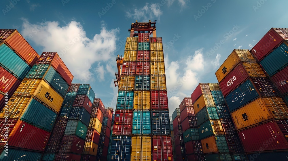 Aufkleber container stacker crane raises a stacking container box in the yard container loading cargo freight 