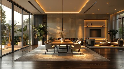 An empty, modern dining room with a large table, stylish chairs, and ambient lighting, illustrated in a detailed 3D style.