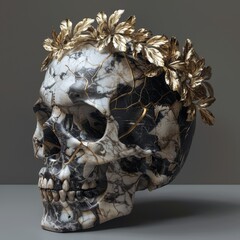 A stoic black and white skull adorned with intricate gold leaves on its head
