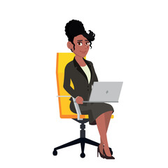 An African-American woman sits on an office office chair with a laptop computer