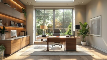 Fototapeta premium A 3D illustration of a modern, minimalist home office with a large desk, ergonomic chair, and sleek furnishings.