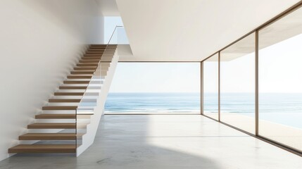 Fototapeta premium sleek wooden steps with minimalist glass support railing, modern staircase design