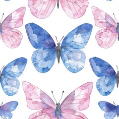 A seamless pattern with watercolor pastel pink and blue butterflies