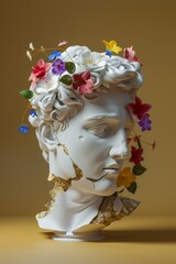 Stoic bust of a man adorned with flowers in his hair, showcasing a unique blend of masculinity and nature