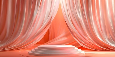 A pink podium stage with elegant curtains for showcasing products effectively. Concept Product Display, Pink Podium, Elegant Curtains, Showcase, Effective Presentation