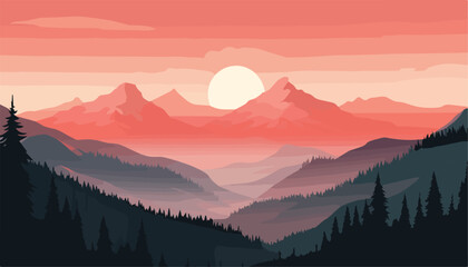 Obraz premium Mountains landscape with forest and sunset. Vector illustration in flat style