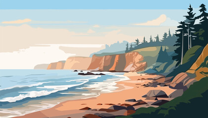 Seascape with sandstone cliffs and sea. Vector illustration.