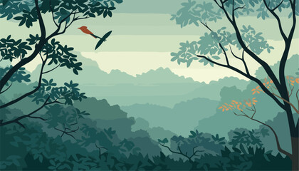 Nature background with forest trees and birds in flat style. Vector illustration.