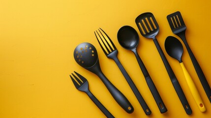 Black Kitchen Utensils on Vibrant Yellow Background with Clean Modern Design