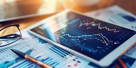 A tablet displaying data visualization with graphs and charts