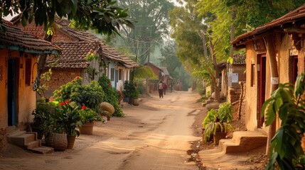 neat and clean village scene, tranquil rustic landscape showcasing authentic countryside life